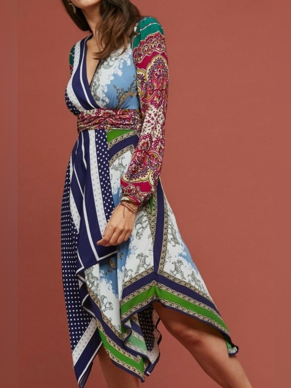 Moulinette Soeurs Navy, Green & Red Mixed-Print Asymmetrical Wrap Dress 10 EUC